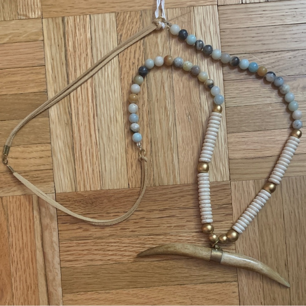 20” Western Boho Necklace - Cow Horn Pendant w/ Stone Beads / Suede